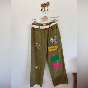 POL Olive Green Cropped Pants with Colorful Accents Patches size Small boho